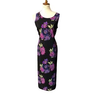 JM Collection black purple floral sheath maxi dress Size M